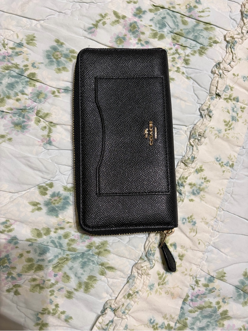 Coach Black Saffiano Zip Around Wallet with Gold Logo